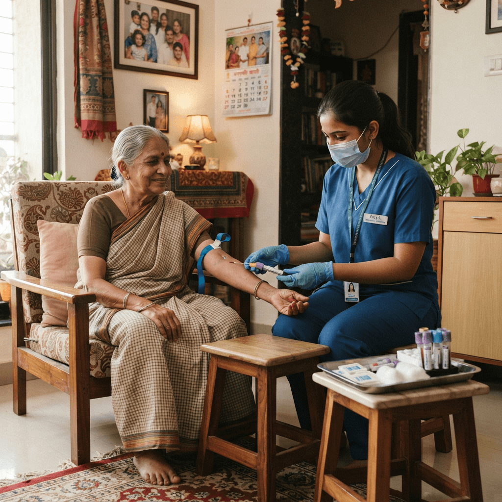 Trained Indian phlebotomist collecting blood sample from elderly patient at home in India