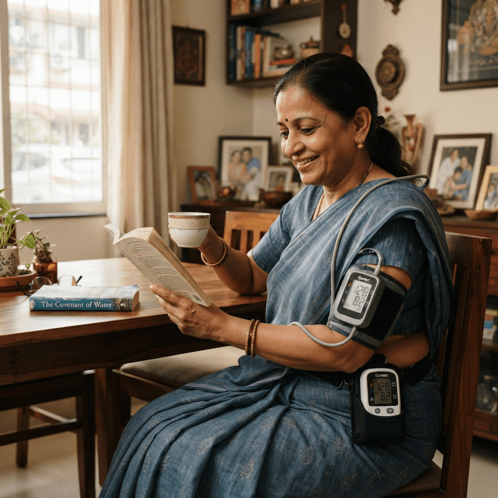Indian patient wearing 24-hour ambulatory blood pressure monitor device at home