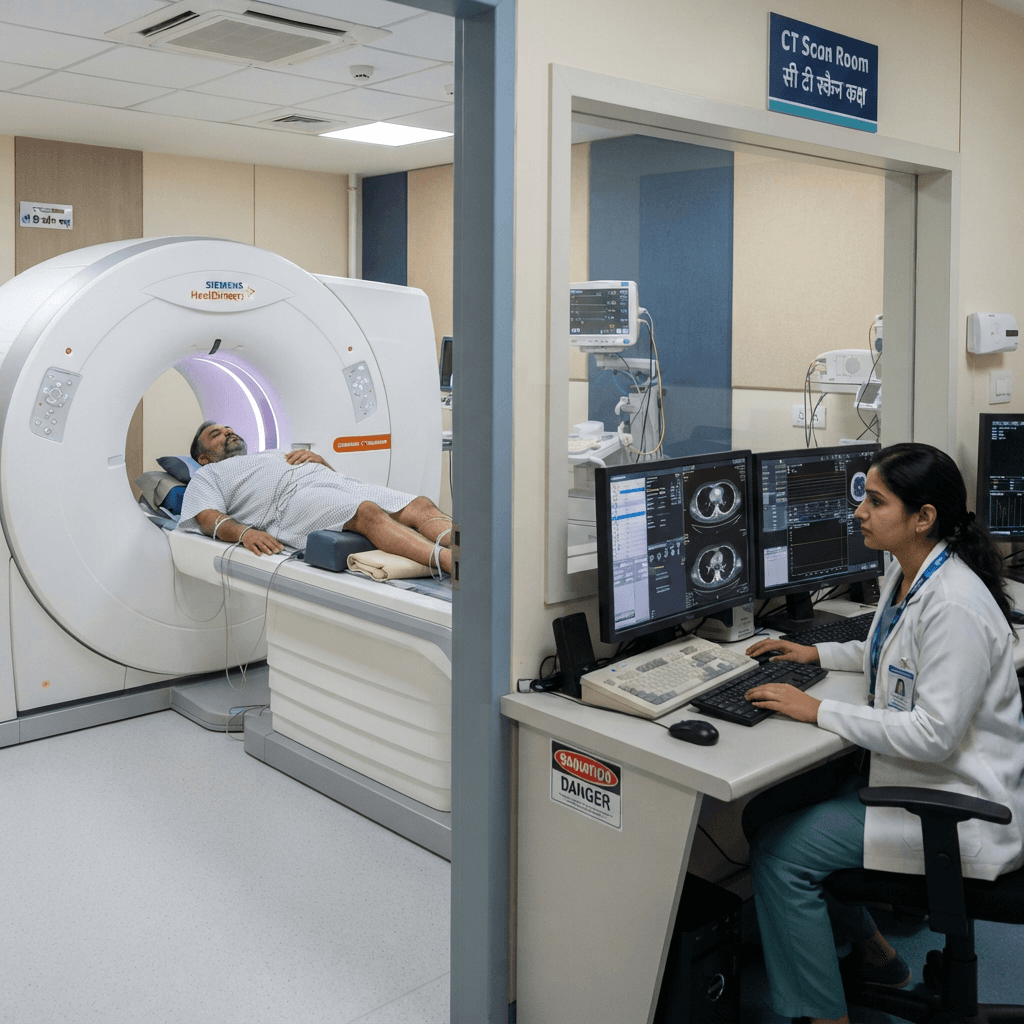 Indian patient undergoing CT scan at diagnostic centre with modern computed tomography machine