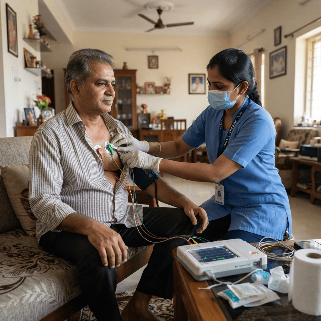 Indian cardiac technician performing ECG test on patient at home with portable ECG machine