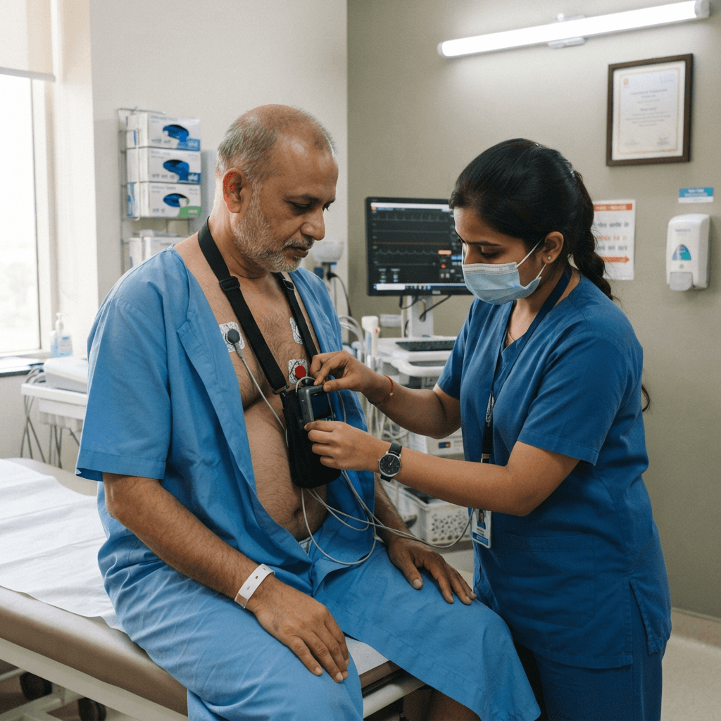 Indian cardiac technician attaching Holter monitor to patient chest for 24-hour heart monitoring