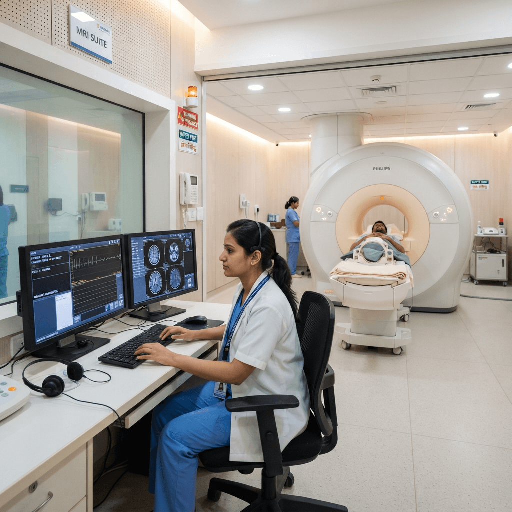 MRI machine at Indian diagnostic centre for magnetic resonance imaging of brain and body