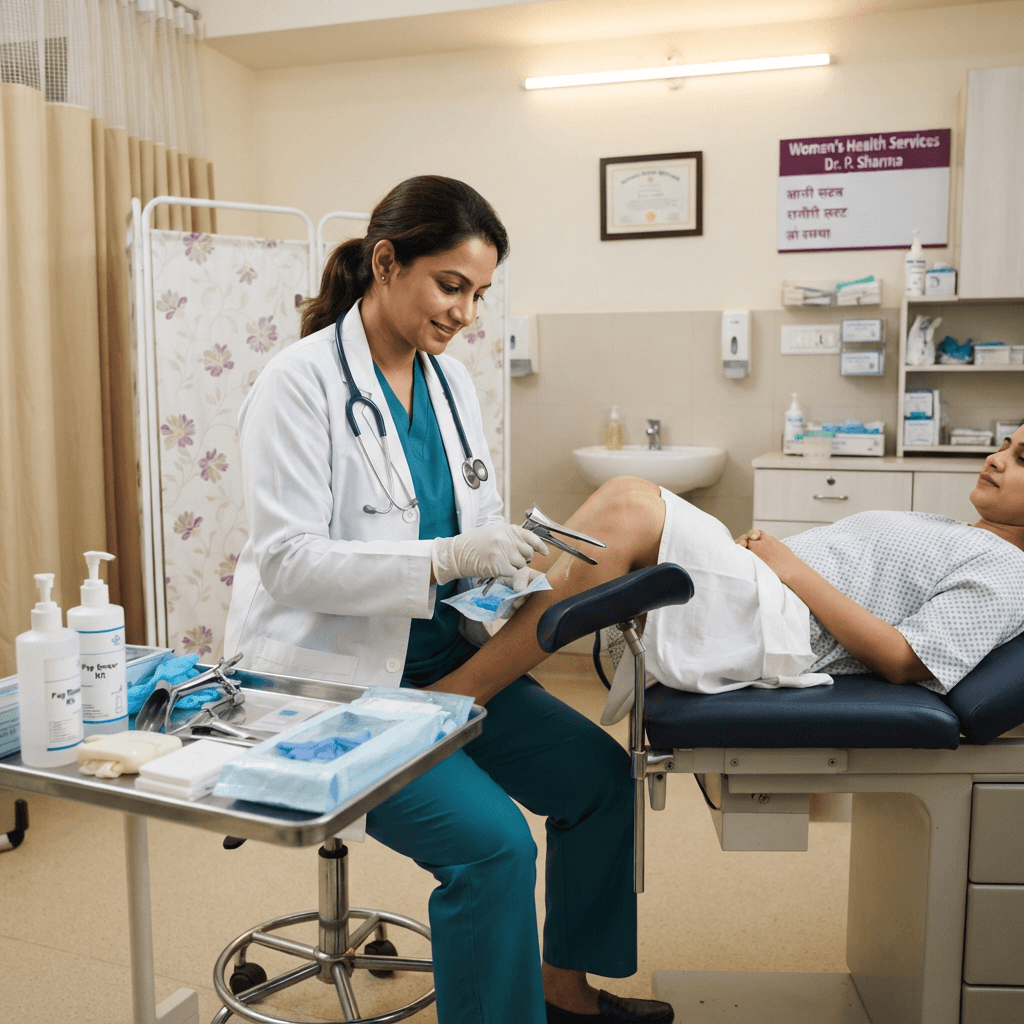 Indian female healthcare professional conducting women's health diagnostic services for cervical cancer screening