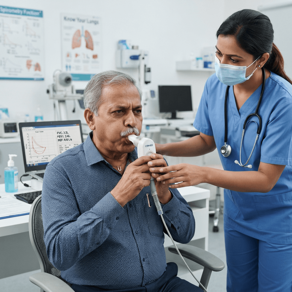 Indian patient performing pulmonary function test with spirometer device guided by healthcare professional