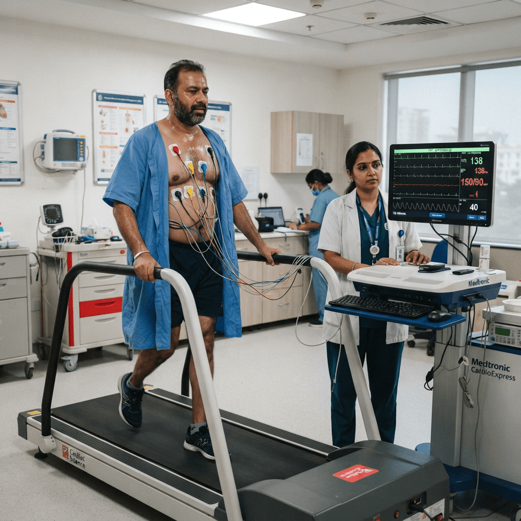 Indian patient undergoing treadmill stress test (TMT) at diagnostic centre with cardiac monitoring