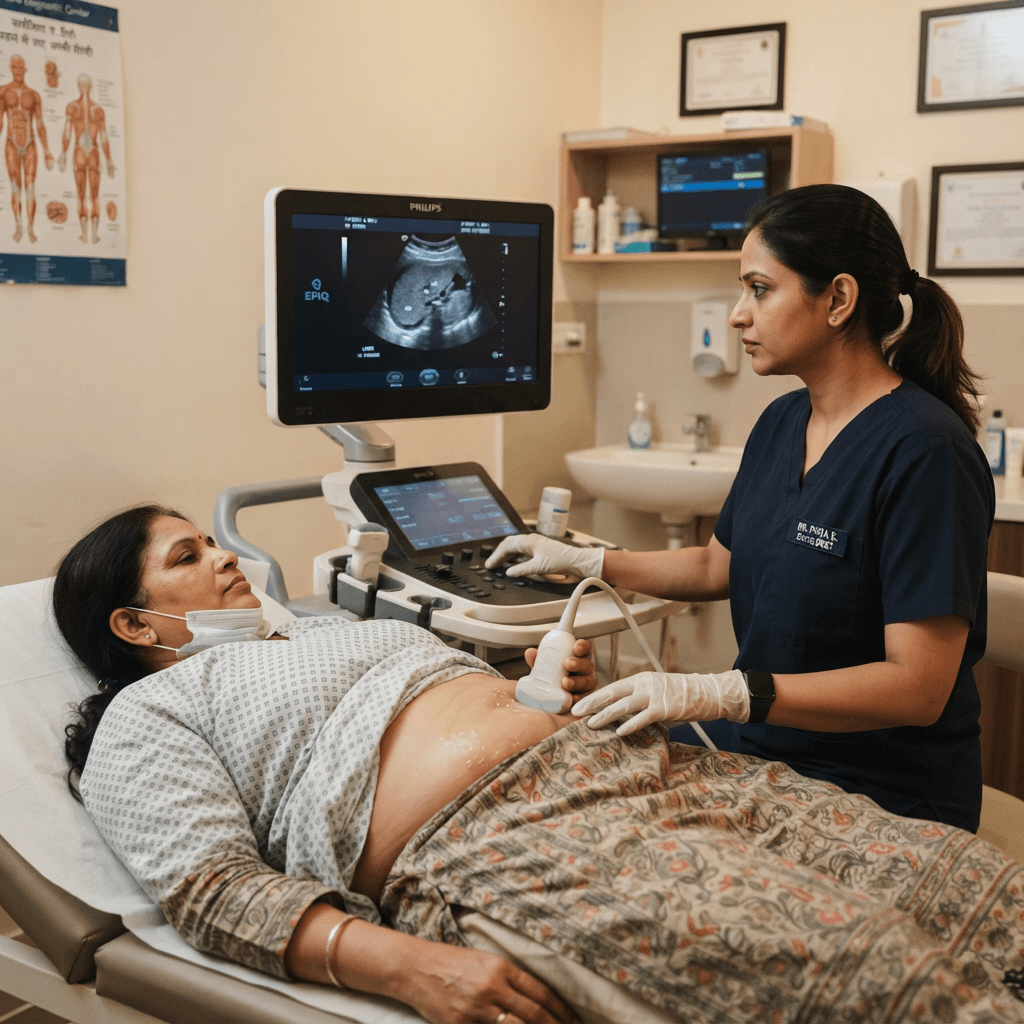 Indian sonologist performing ultrasound examination on patient abdomen at diagnostic centre