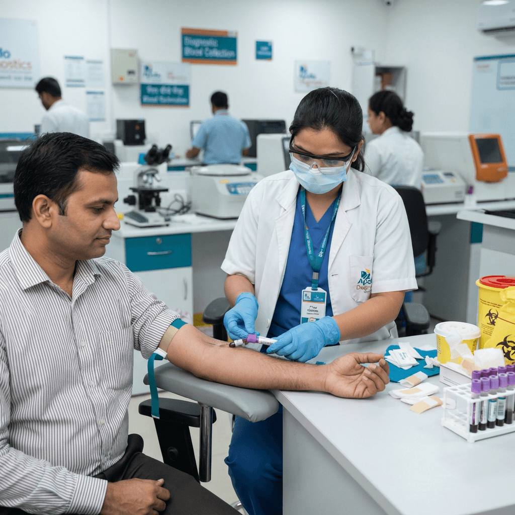 Indian laboratory technician collecting blood sample for diagnostic testing