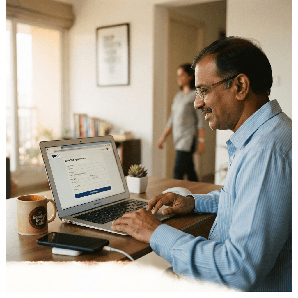 Indian person filling out online medical booking form on laptop for diagnostic test appointment
