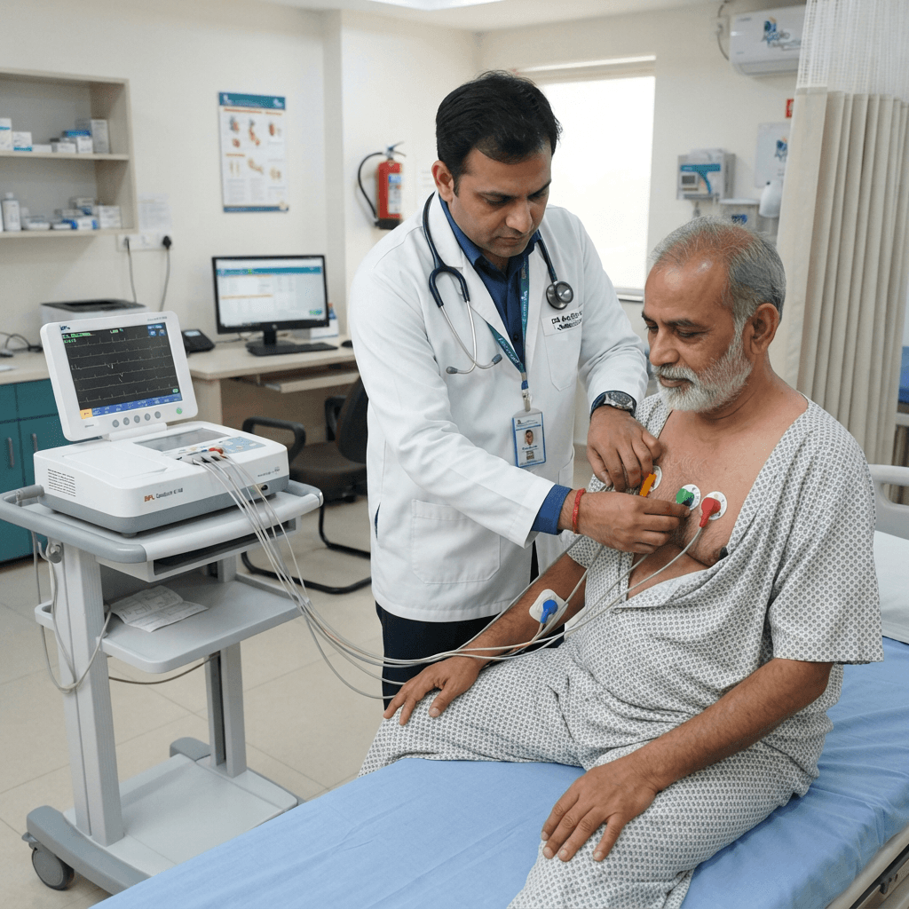 Indian cardiologist performing ECG test on patient at diagnostic centre in Delhi