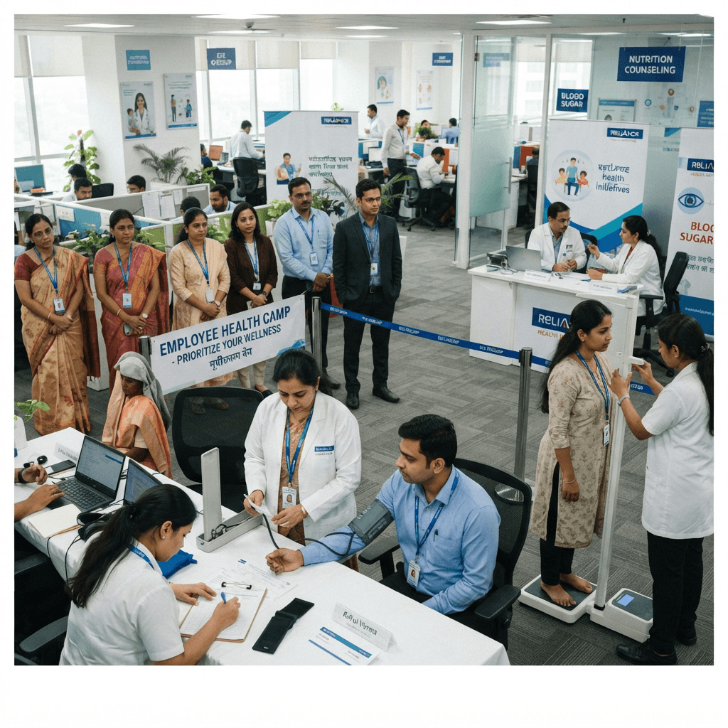Indian corporate employees attending a health checkup camp with healthcare professionals