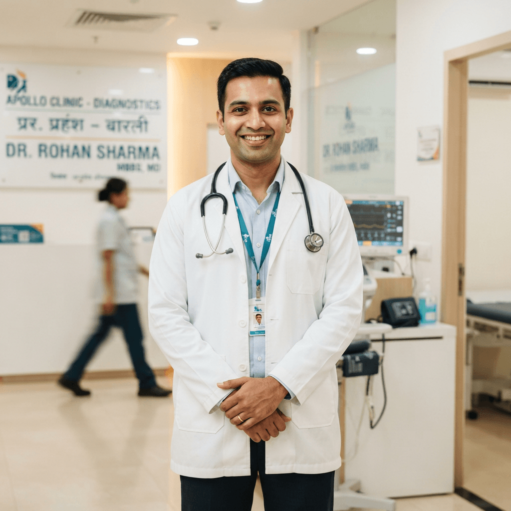 Indian doctor in white coat with stethoscope at a modern diagnostic clinic in Delhi NCR