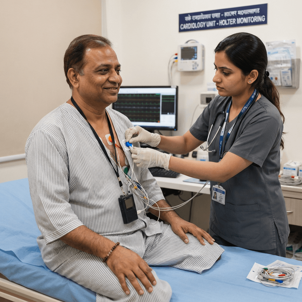 Indian healthcare professional attaching Holter monitor device to patient for cardiac monitoring
