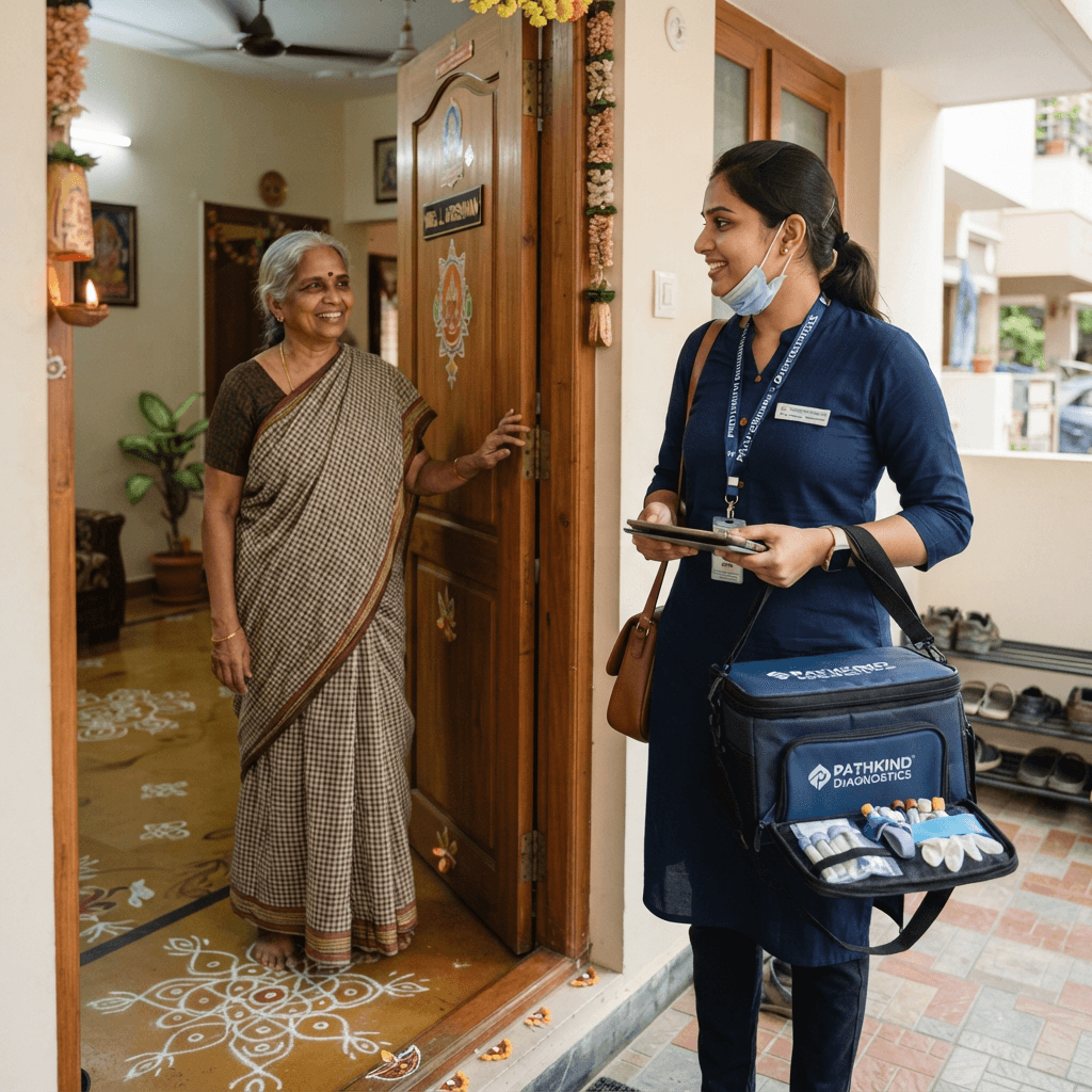 Indian healthcare worker visiting Indian home for blood sample collection service