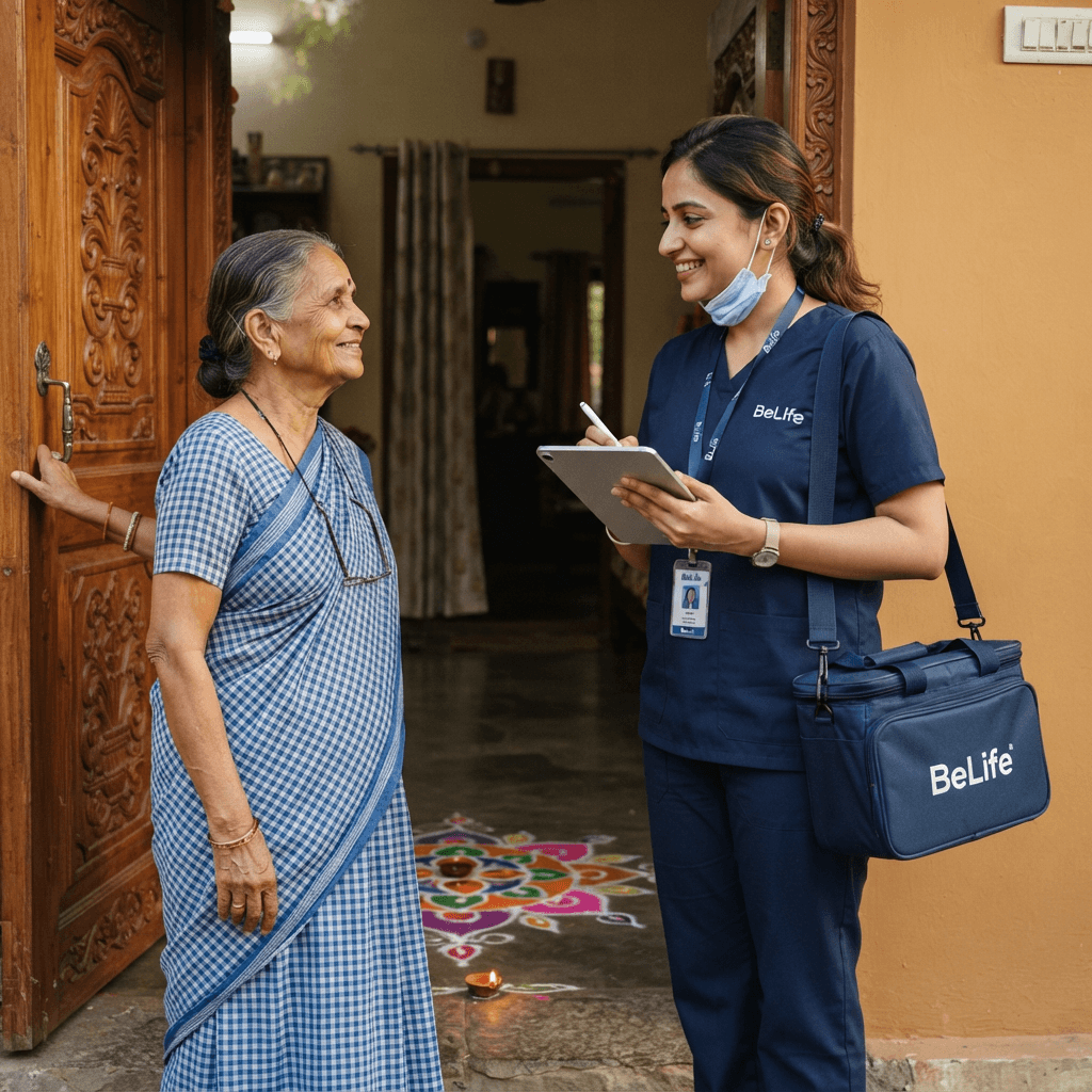 Indian healthcare professional visiting an Indian patient at home for a diagnostic service