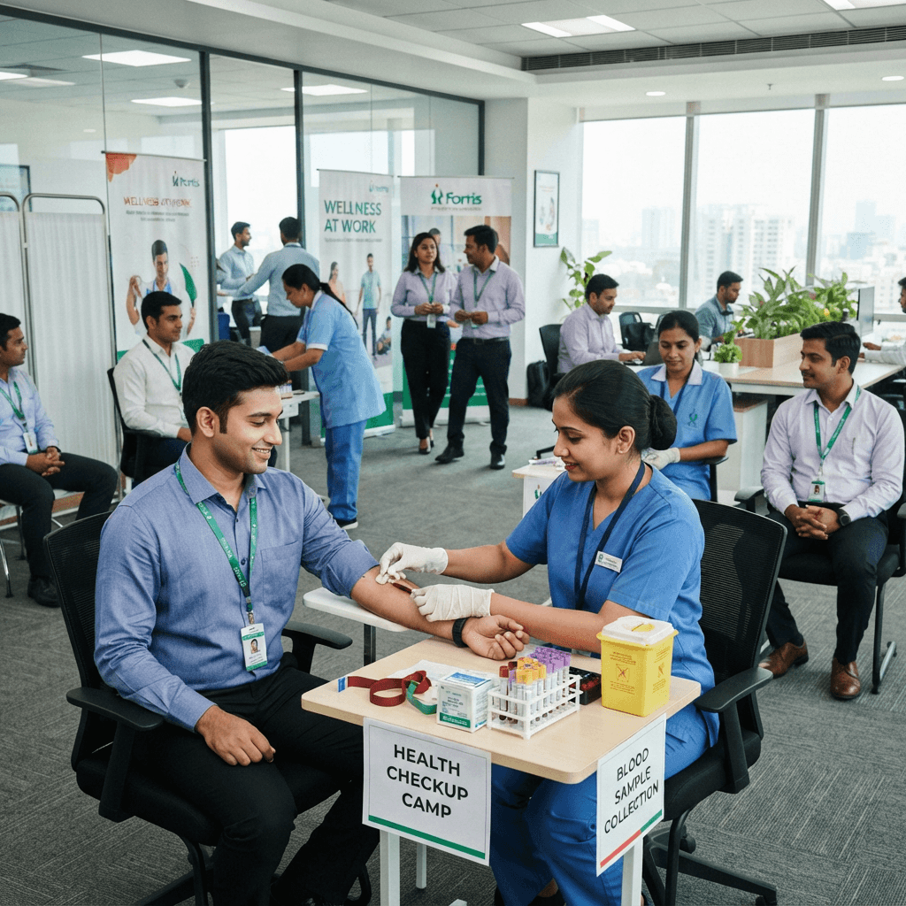 Indian corporate employees attending health checkup camp — BeLife corporate phlebotomy services