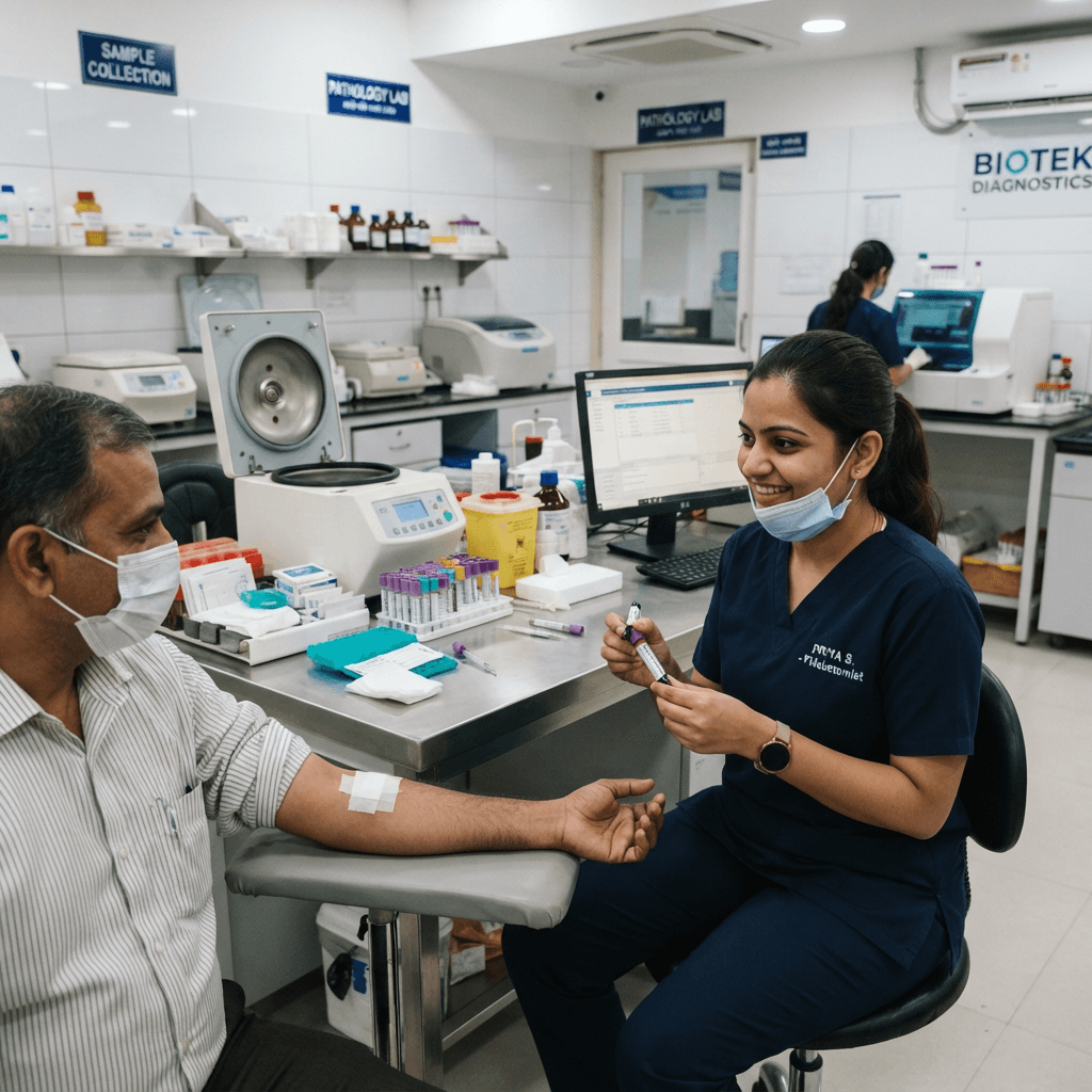 Indian healthcare professional at a diagnostic centre — BeLife phlebotomy support for diagnostic centres