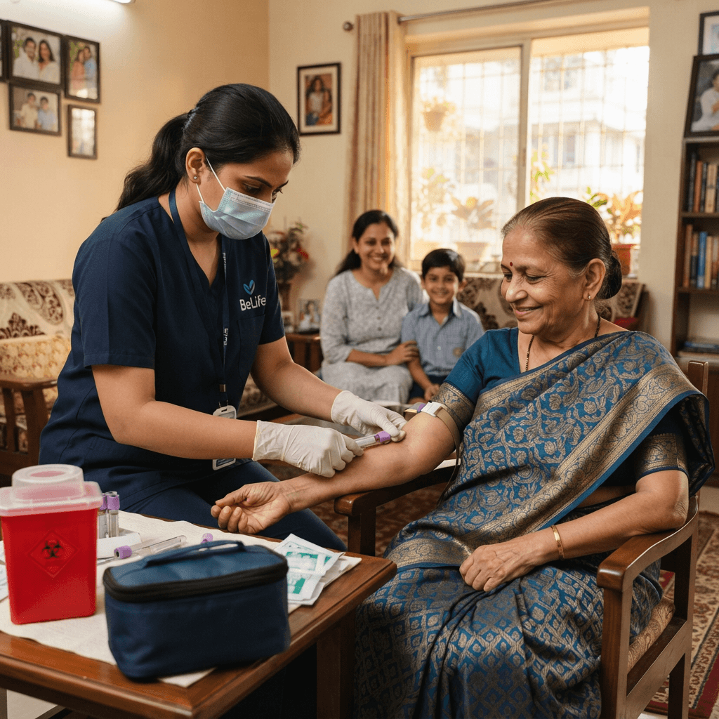 Indian phlebotomist collecting blood sample at patient's home — BeLife home sample collection service