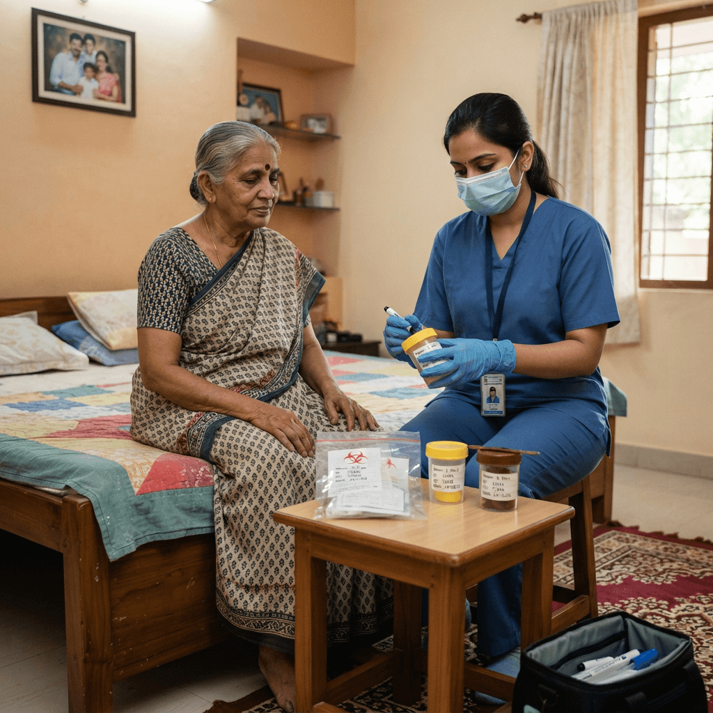 Indian phlebotomist preparing a labelled sample collection kit for transport to the laboratory