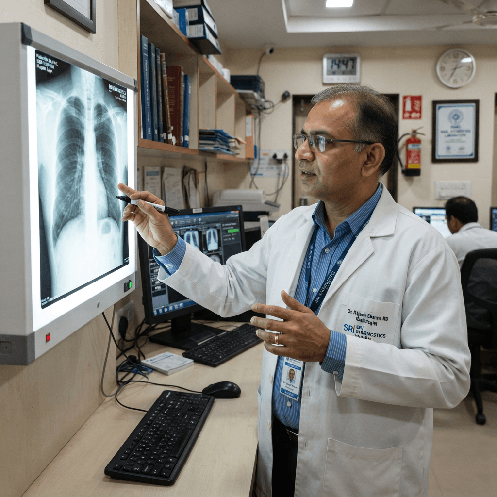 Indian radiologist reviewing X-ray scan at modern diagnostic centre in India